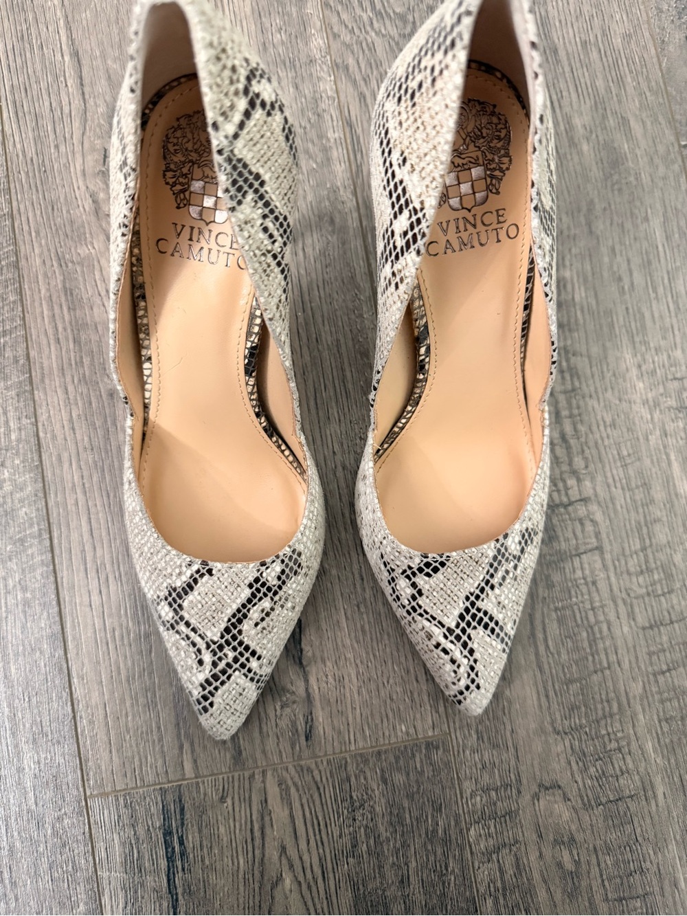 Vince Camuto Snake-Print Pointed Toe Pumps in White and Black